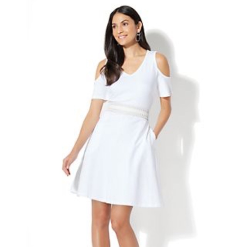 New York & Company White Cold-Shoulder Fit-and-Flare Dress